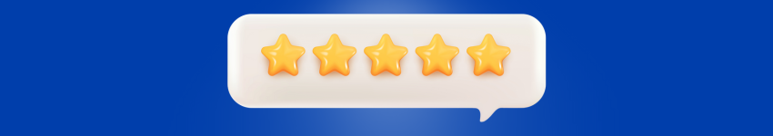 Tenha a integração do Google Avaliações em seu site - Ilustração de uma avaliação 5 estrelas - Fundo azul, quadro branco com estrelas amarelas